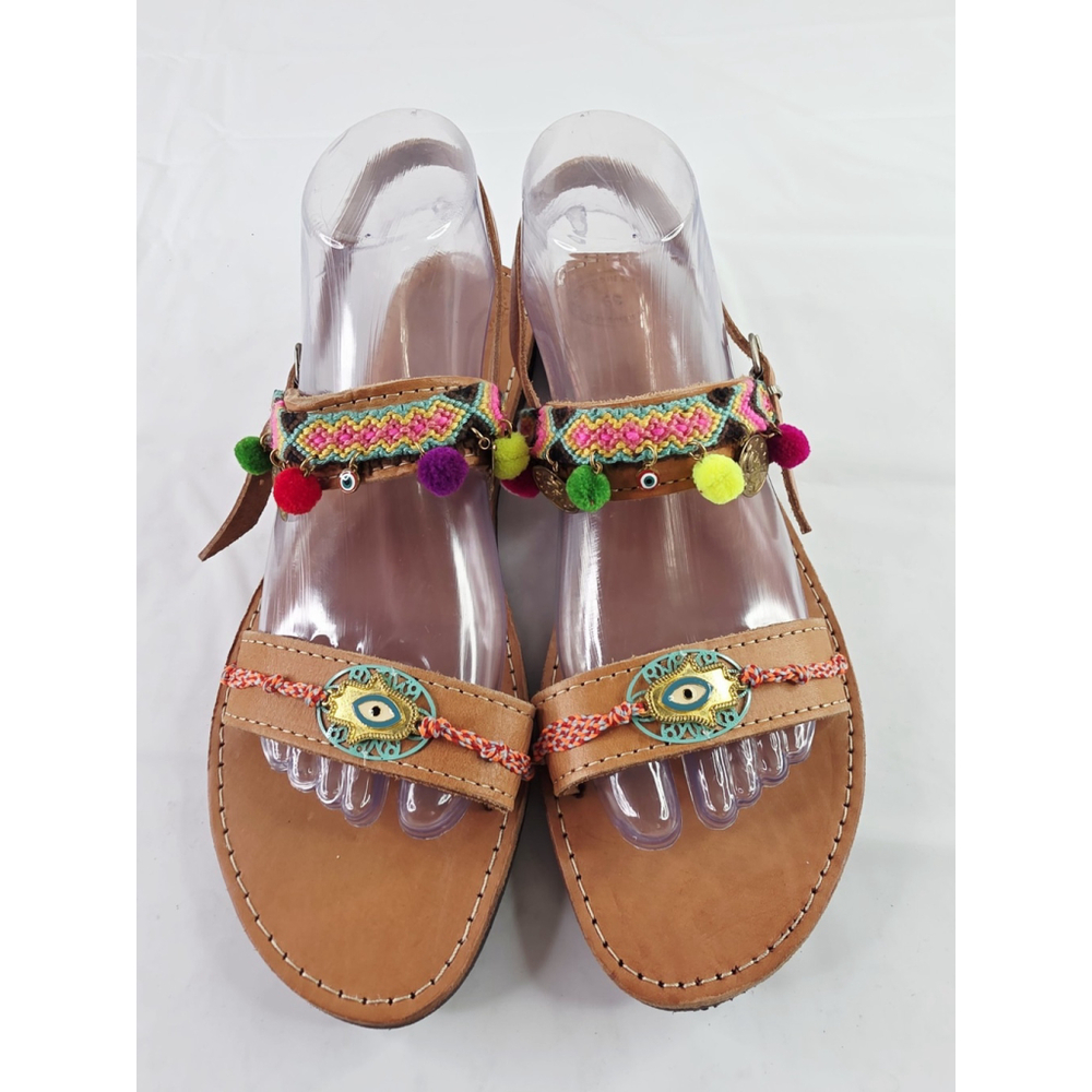 Handmade In Greece Leather Evil Eye Boho Sandals Strappy Carmel Size 9